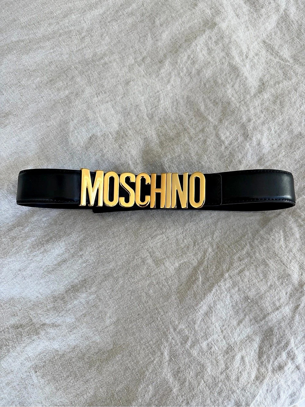 Moschino Gold Lettering Black Leather Belt